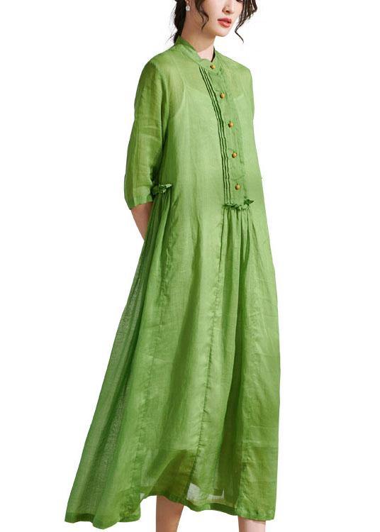 Mandarin Collar Button Placket Pintuck Drop Waist Half Sleeve Gauze Maxi Dress
