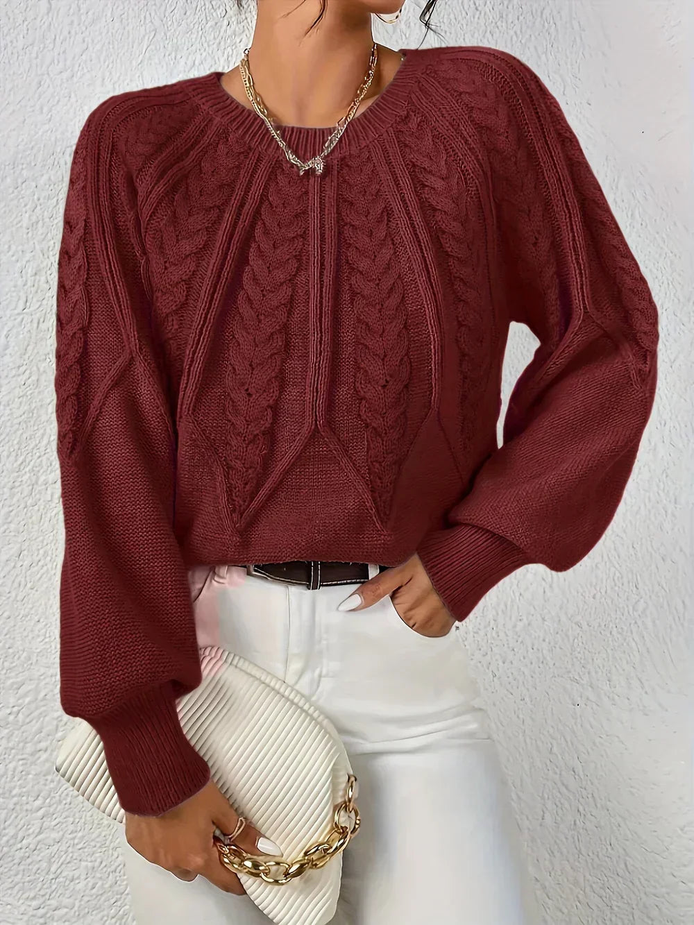 Crew Neck Cable Knit Long Sleeve Sweater