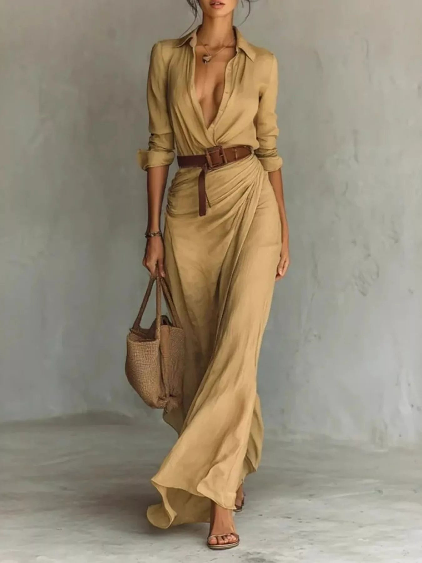 Full Size Ruched Long Sleeve Maxi Dress Plus Size Khaki