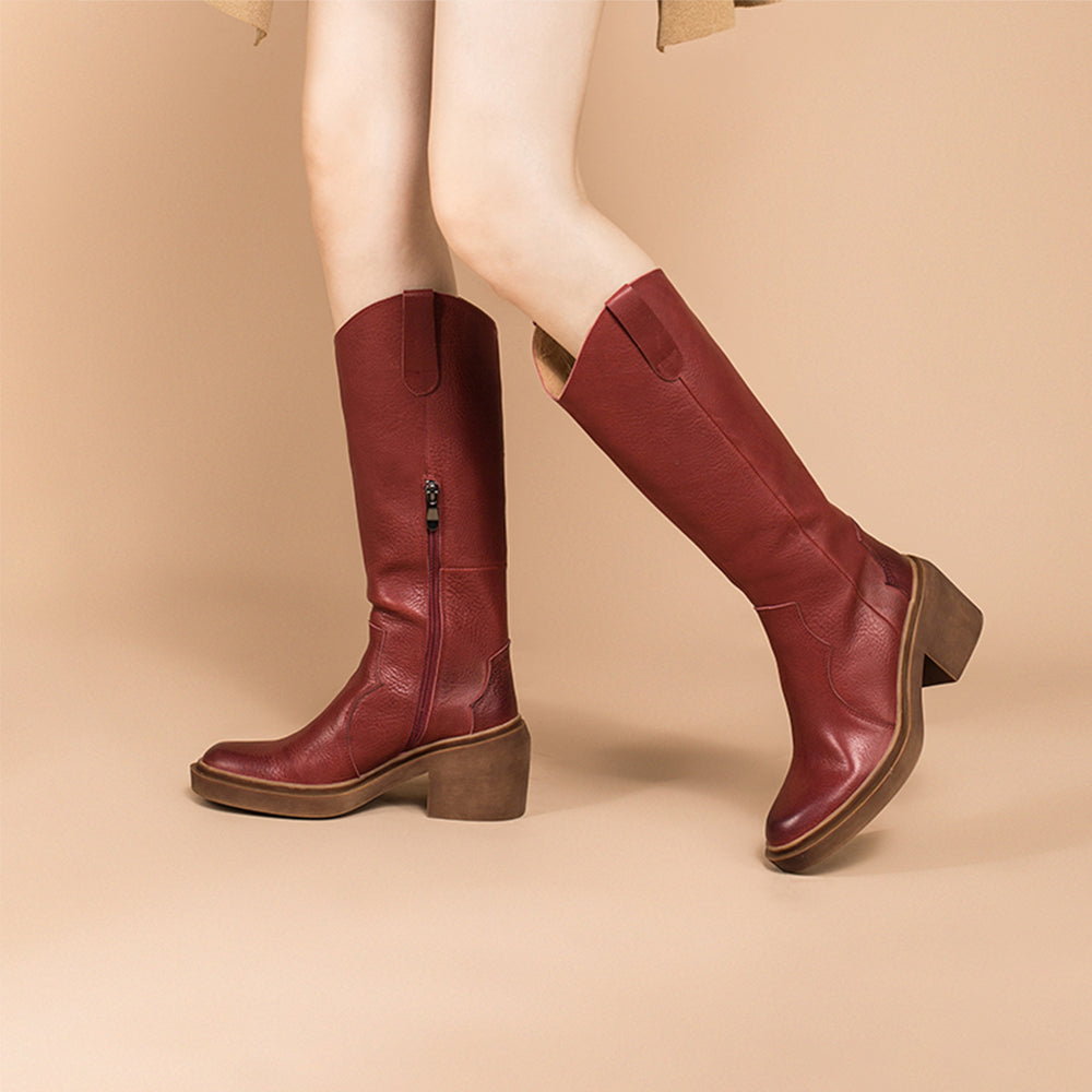 Leather Knee High Boots Cowboy Boots Designer Retro Block Heel Riding Boots in Black/Red/coffee