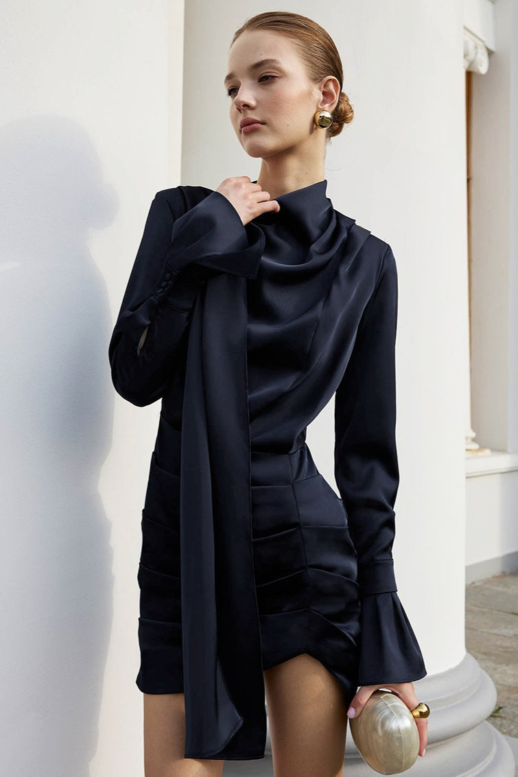 Matte Satin Bell Sleeve Stand Collar Elegant Mini Dress - View 2