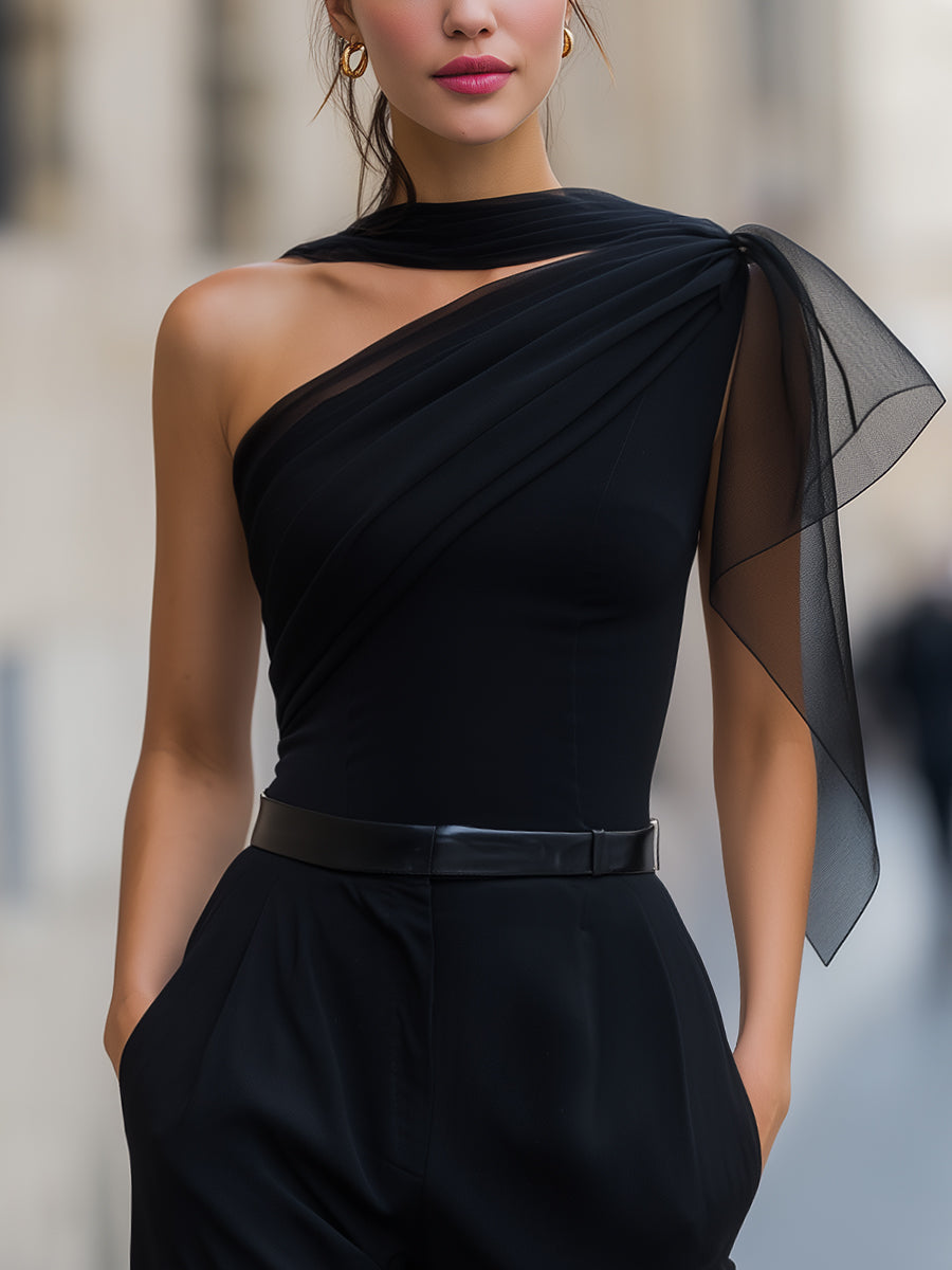 One Shoulder Mesh Drape Sleeveless Top