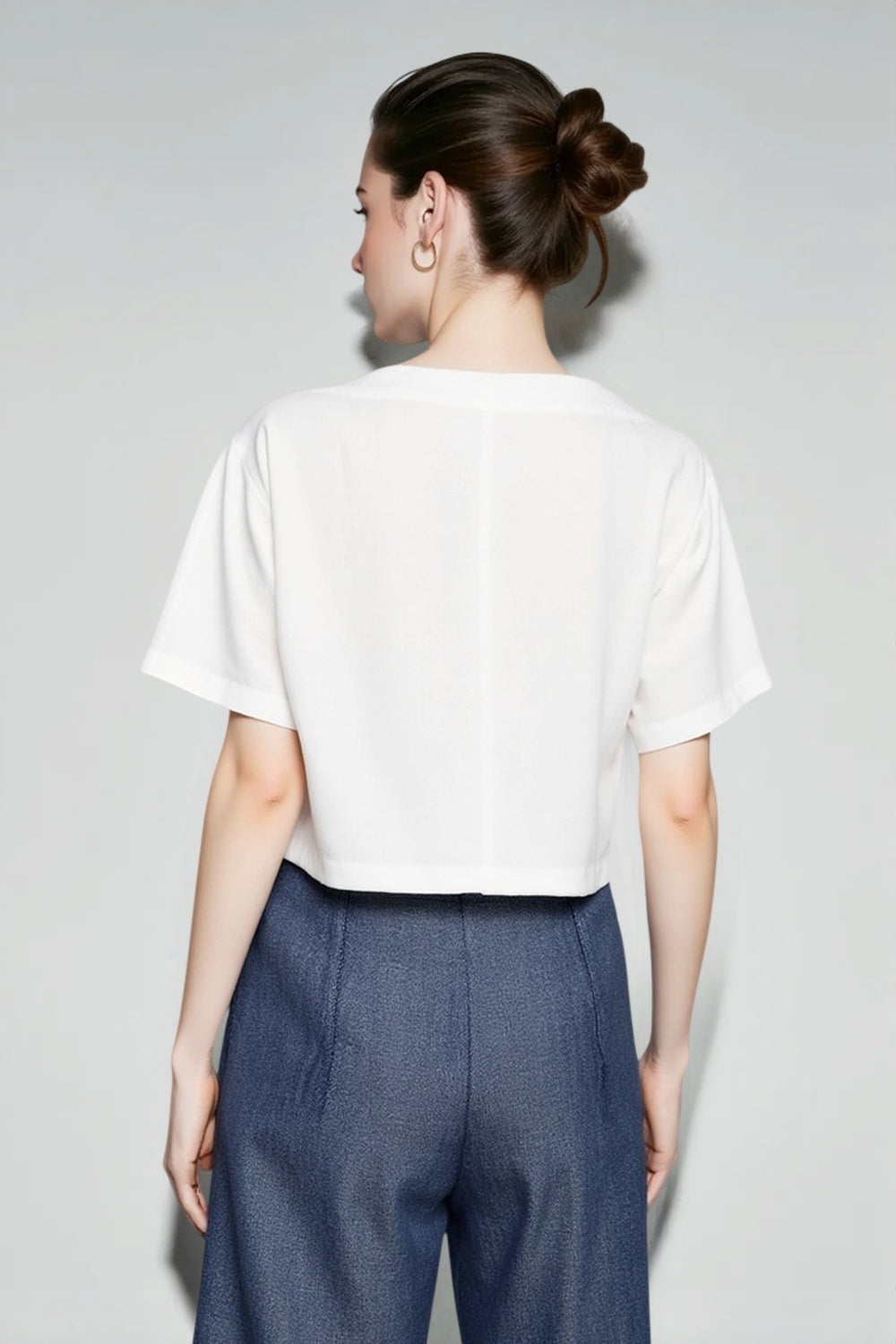 Linen V Neck Short Sleeve Blouse