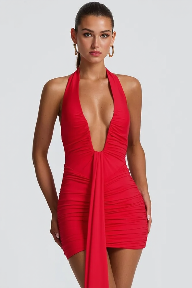 Leopard Halter Backless Deep V Mini Party Dress