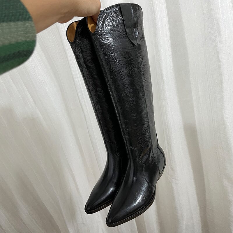 Womens Western Suede Knee High Boots Block Heel - Khaki/Black Cowgirl Boots All Genuine Leather