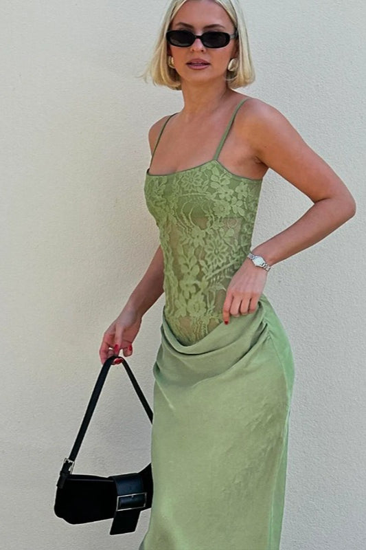 Lace Mesh Spaghetti Strap Draped Waist Maxi Dress