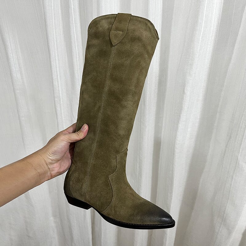 Womens Western Suede Knee High Boots Block Heel - Khaki/Black Cowgirl Boots All Genuine Leather