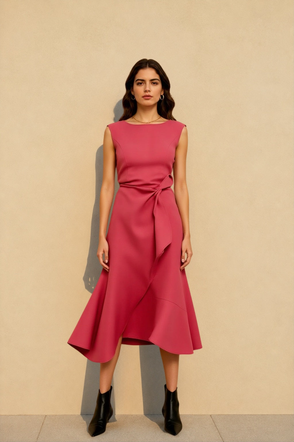 Crew Neck Sleeveless Tie Waist Tulip Wrap Midi Cocktail Dress