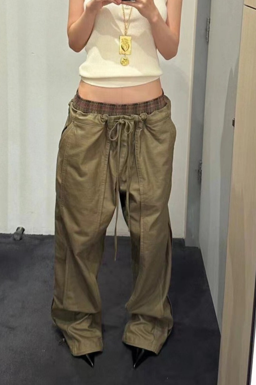 Plaid Double Waistband Drawstring Loose Wide Leg Pants