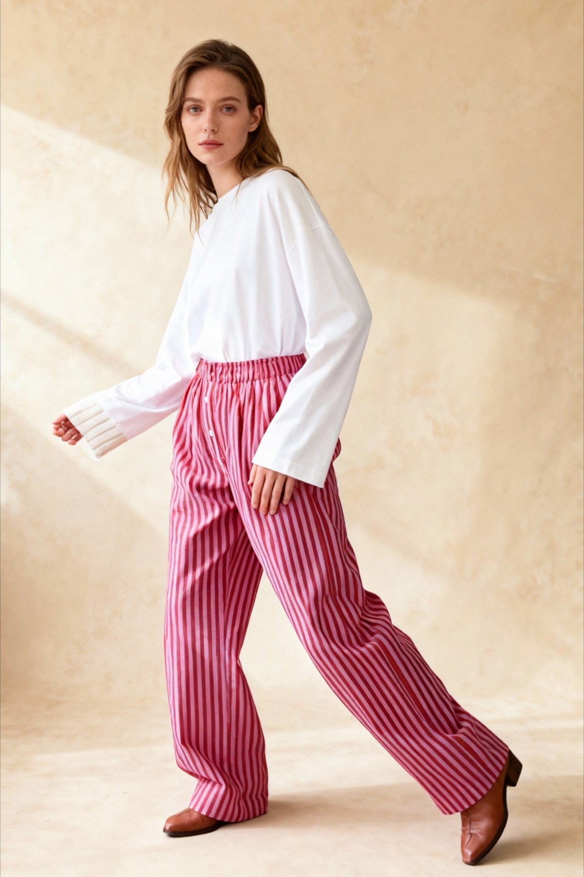 Striped Elastic Waist Button Front Wide Leg Pants 3