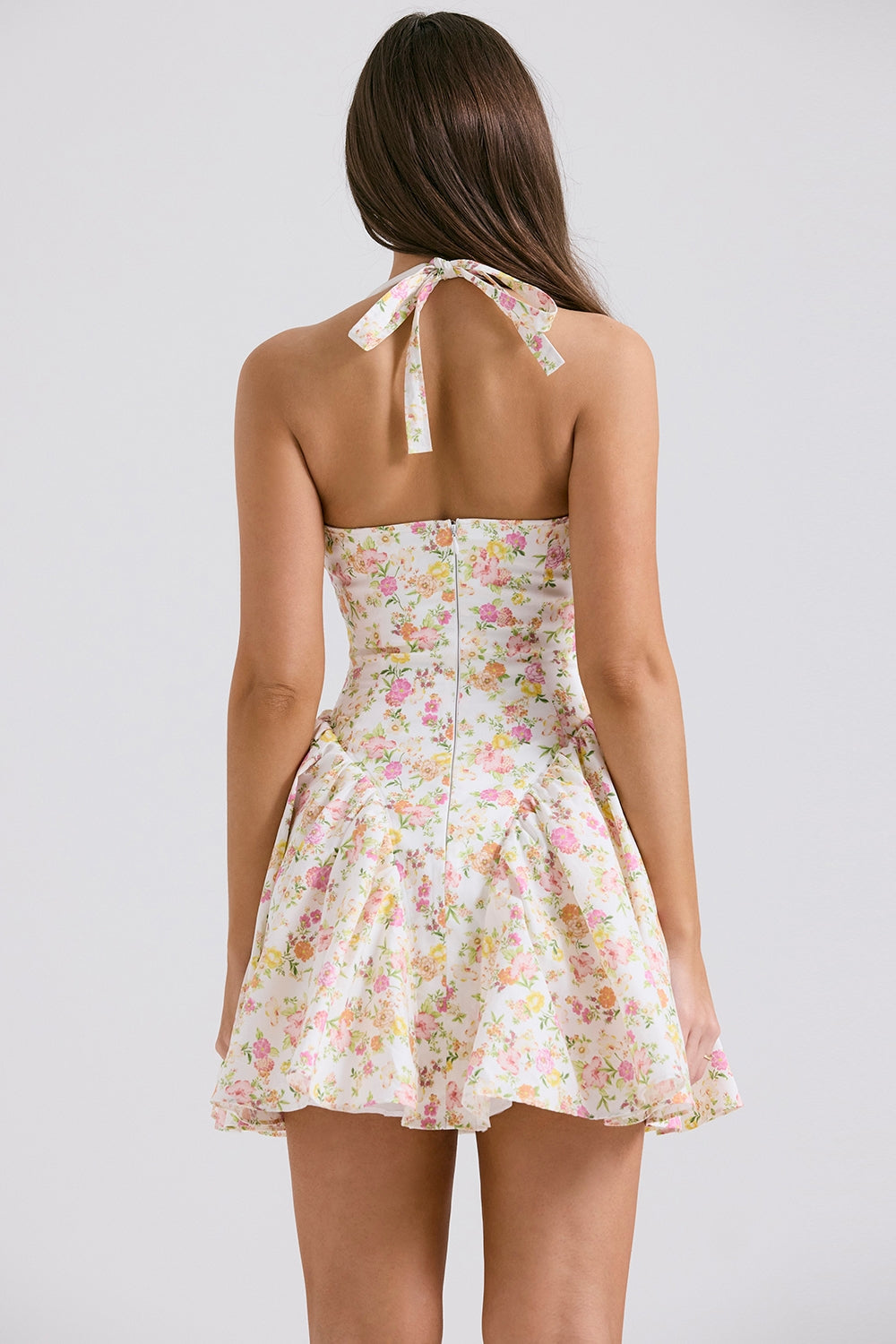 Floral Print Halter Plunge Drop Waist Flared Mini Dress 9