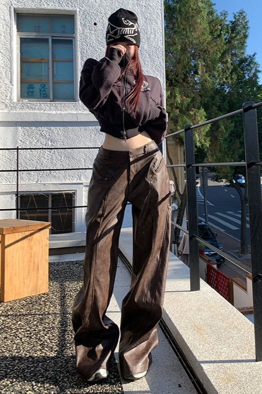 High Waist Vintage Slim Floor Length Wide Leg Straight Pants