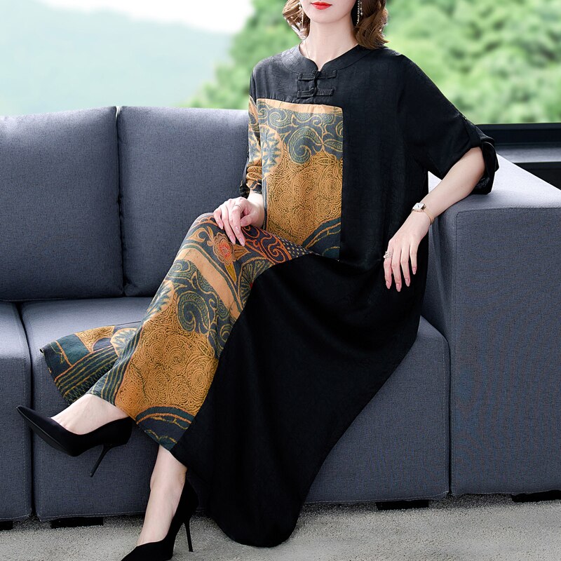 Patchwork Print Mandarin Collar Three-Quarter Sleeve Loose A-Line Midi Dress
