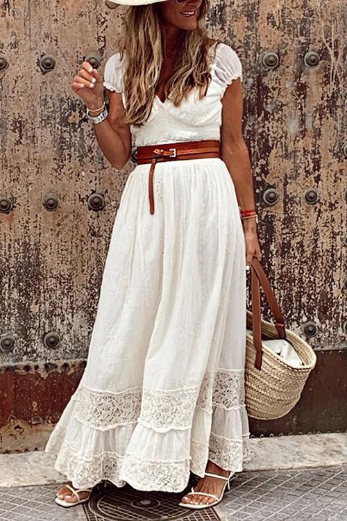 Eyelet V-Neck Puff Sleeve Gathered Waist Tiered Floral Lace Hem Maxi Dress