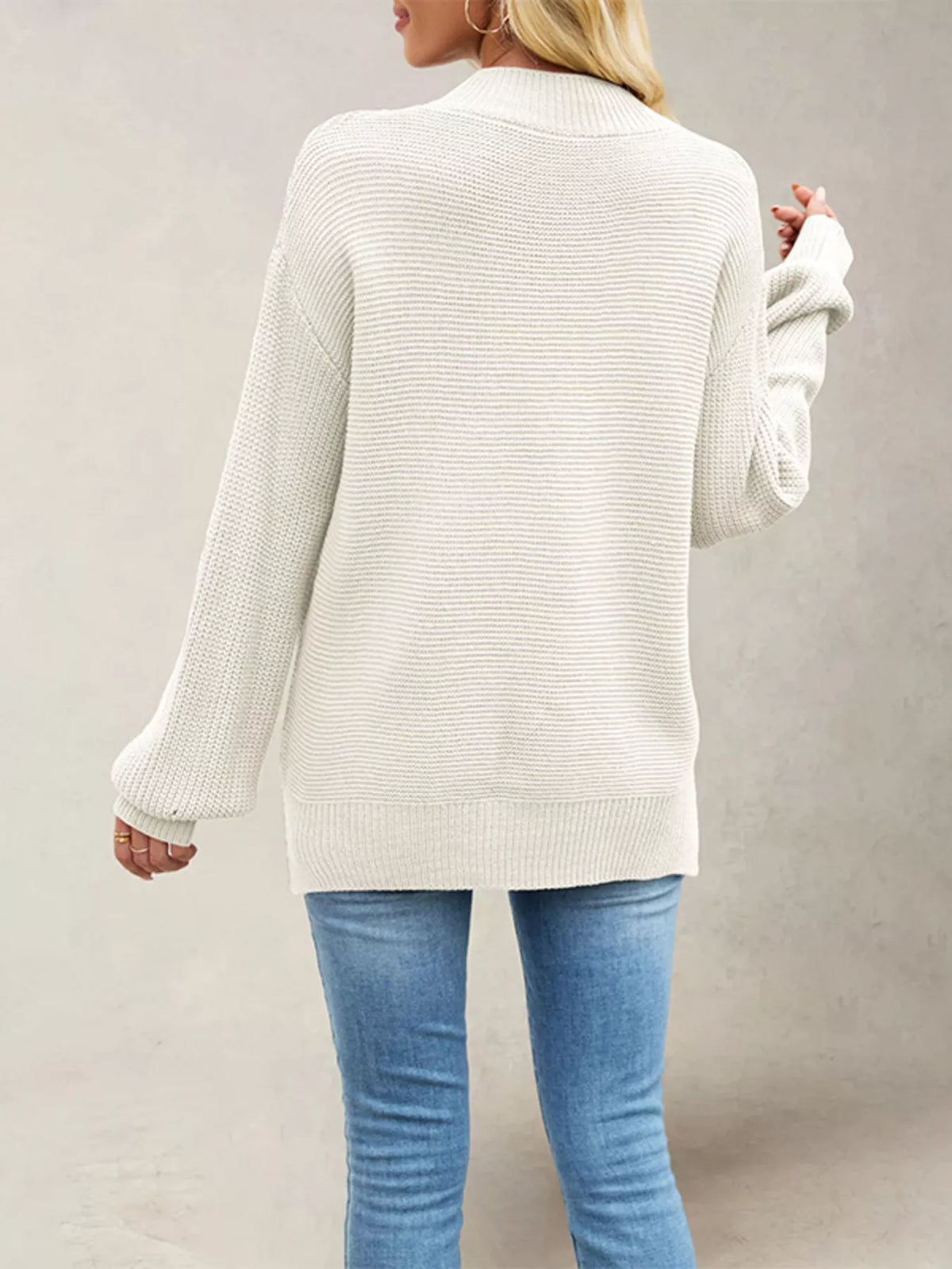Mock Neck Drop Shoulder Front Seam Ribbed Knit Sweater 2