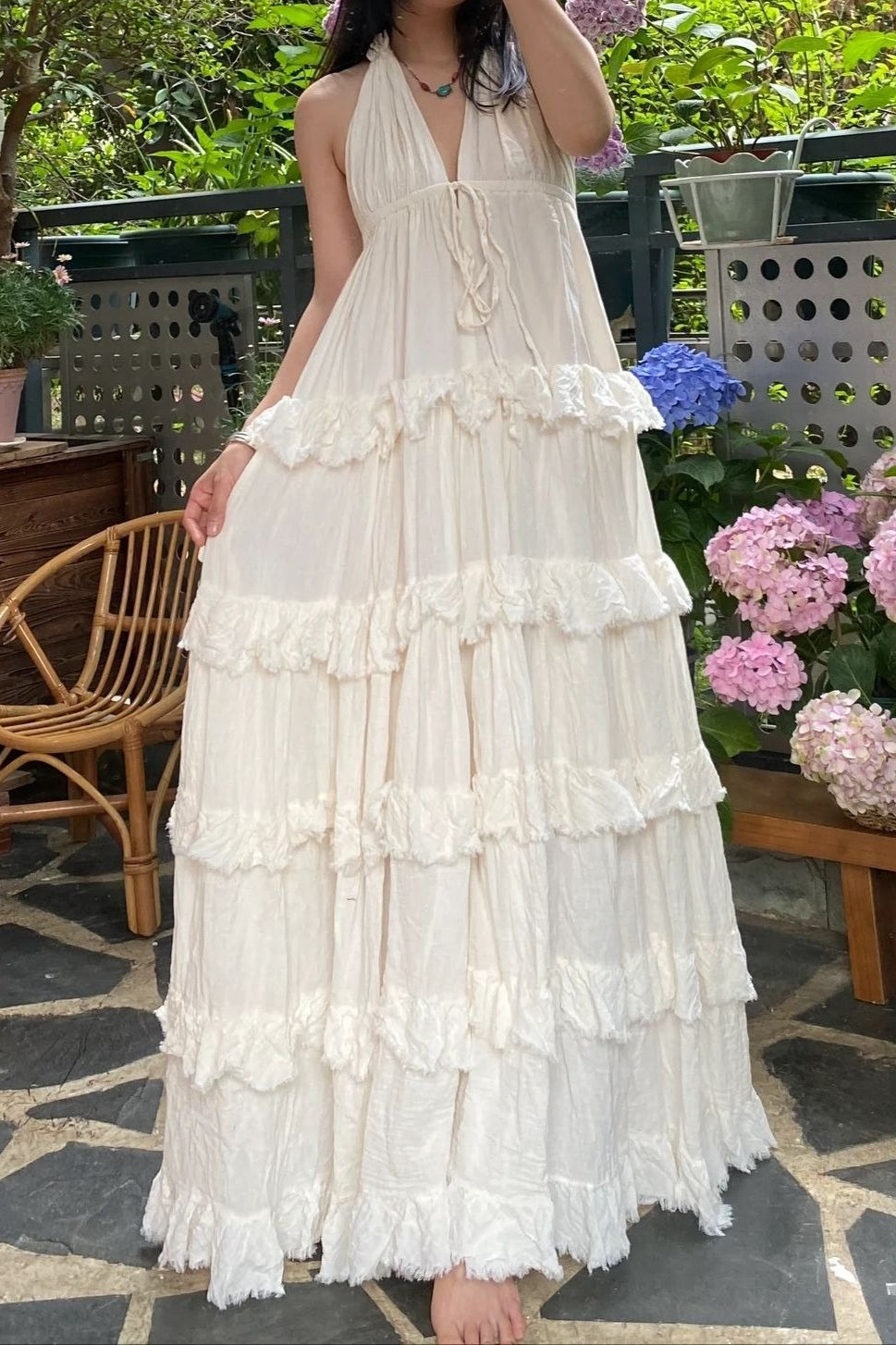V-Neck Halter Tiered A-Line Boho Dress