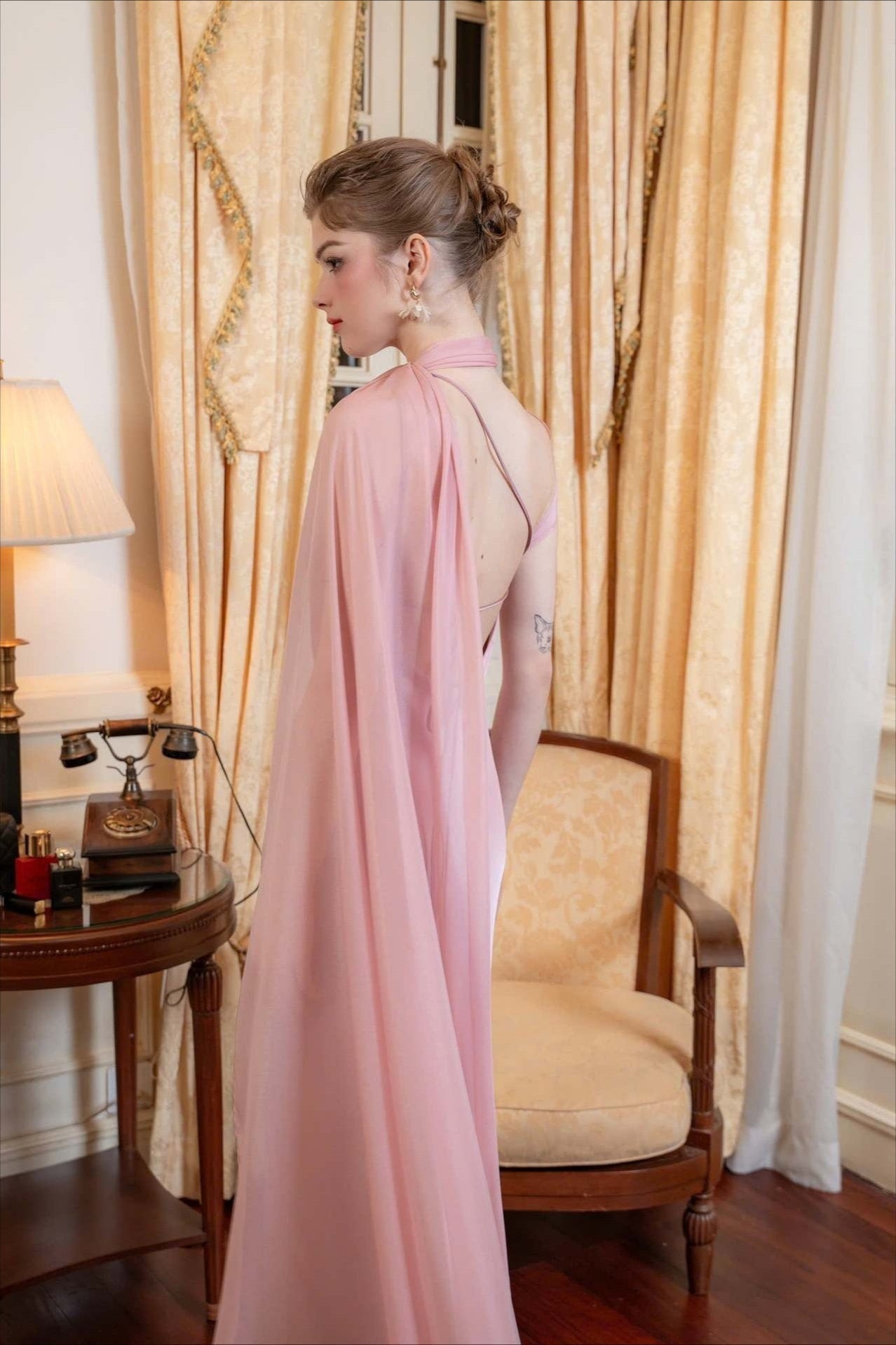 Satin One Shoulder Draped Cape Sheath Gown