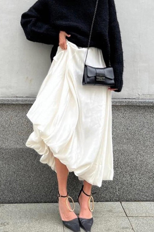 High Waist Satin Balloon Bubble Hem Midi Skirt 2