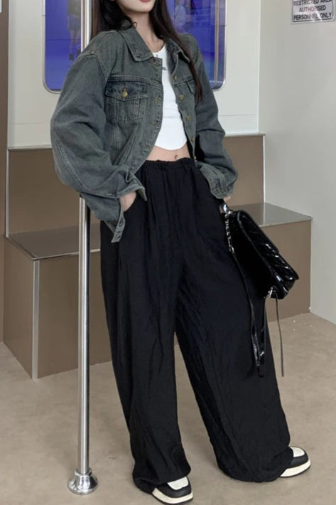 Cropped Solid Denim Jacket