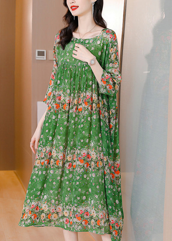 Floral Print Border Trim Round Neck Three Quarter Sleeve Empire Pleated Maxi Dress