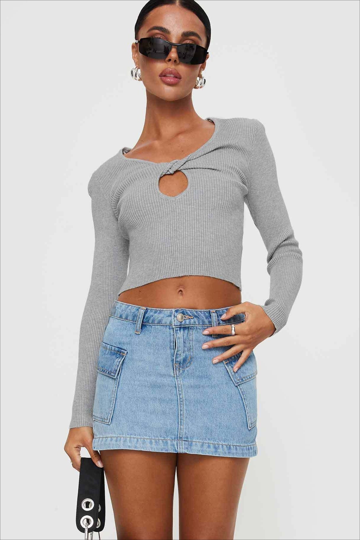 Low-Rise Pleated Denim Mini Skort
