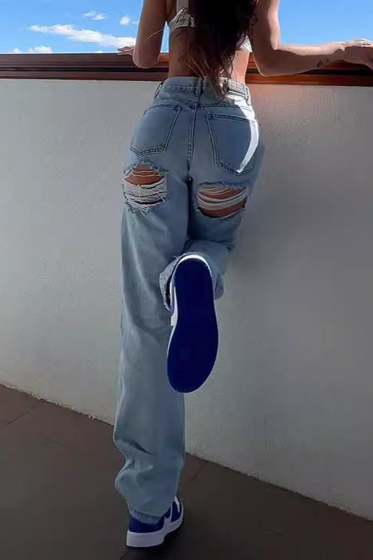 High-Waist Distressed Straight-Leg Denim Jeans