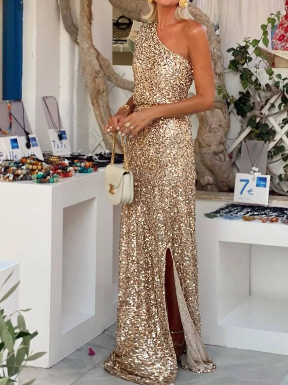 Sequin One-Shoulder Slit Maxi Dress