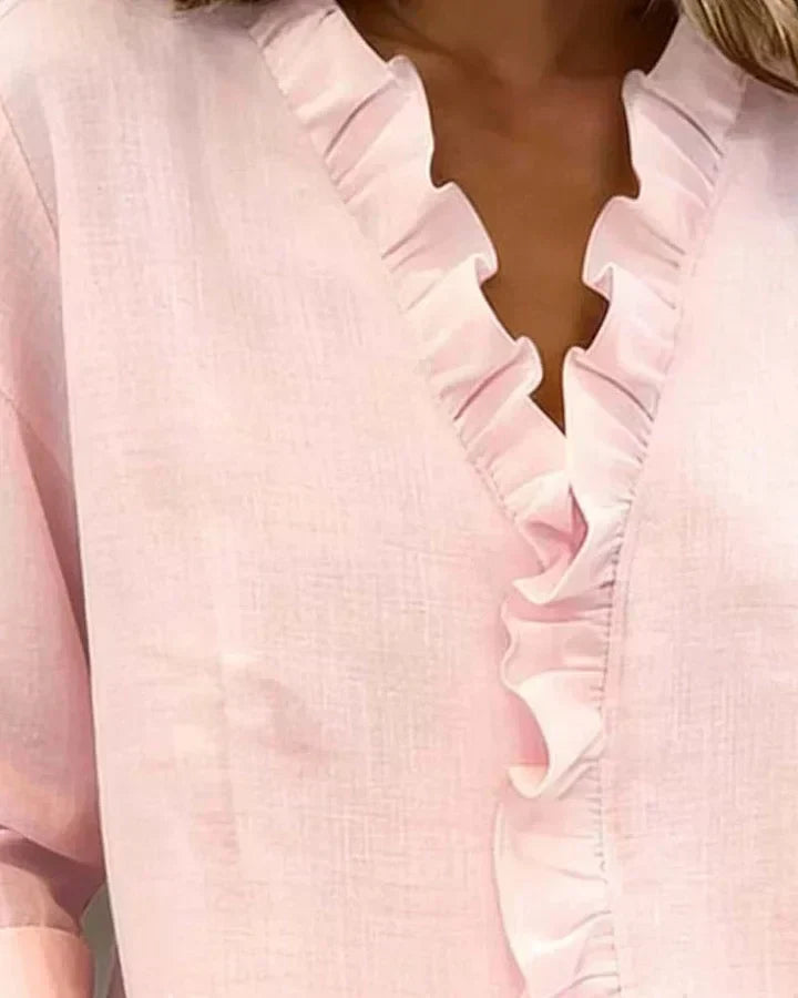 Ruffle Placket V-Neck Long Sleeve Blouse