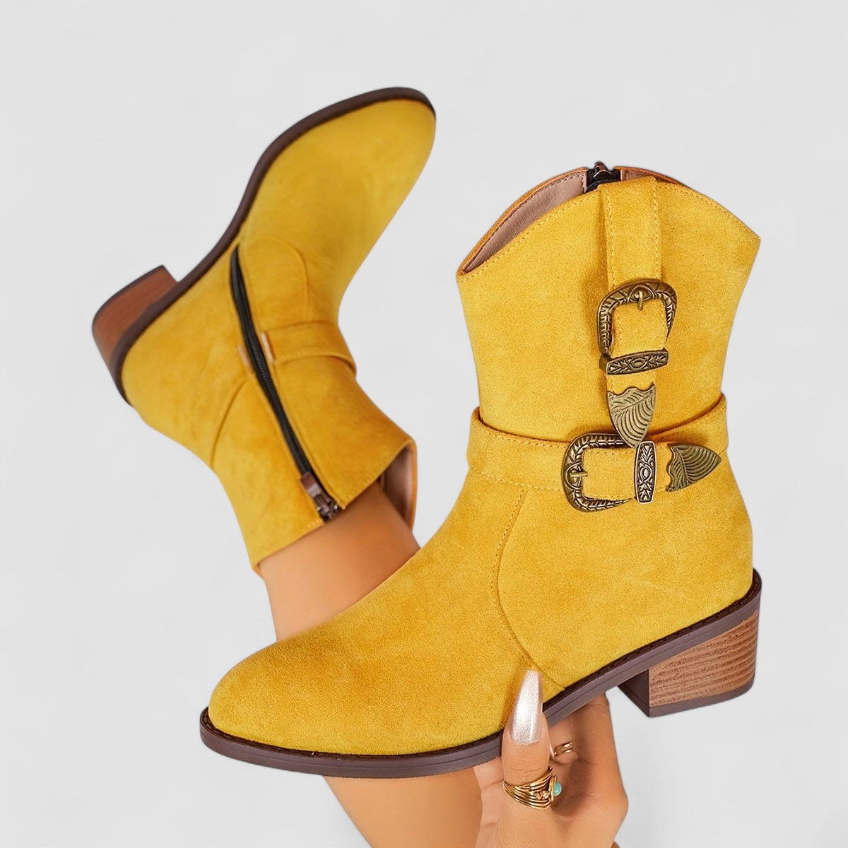 Suede Look Buckle Western Block Heel Ankle Boots