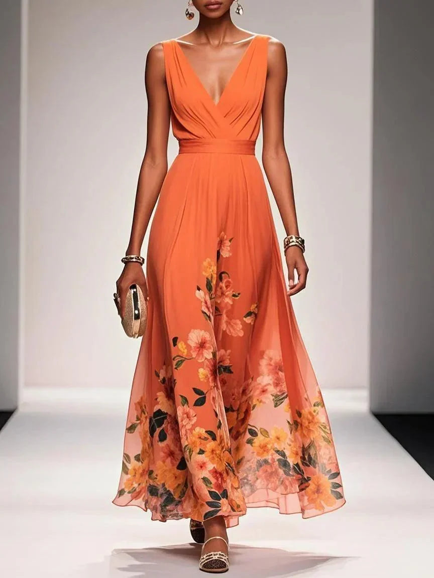 Floral Chiffon Deep V-Neck Sleeveless Pleated Maxi Dress 7