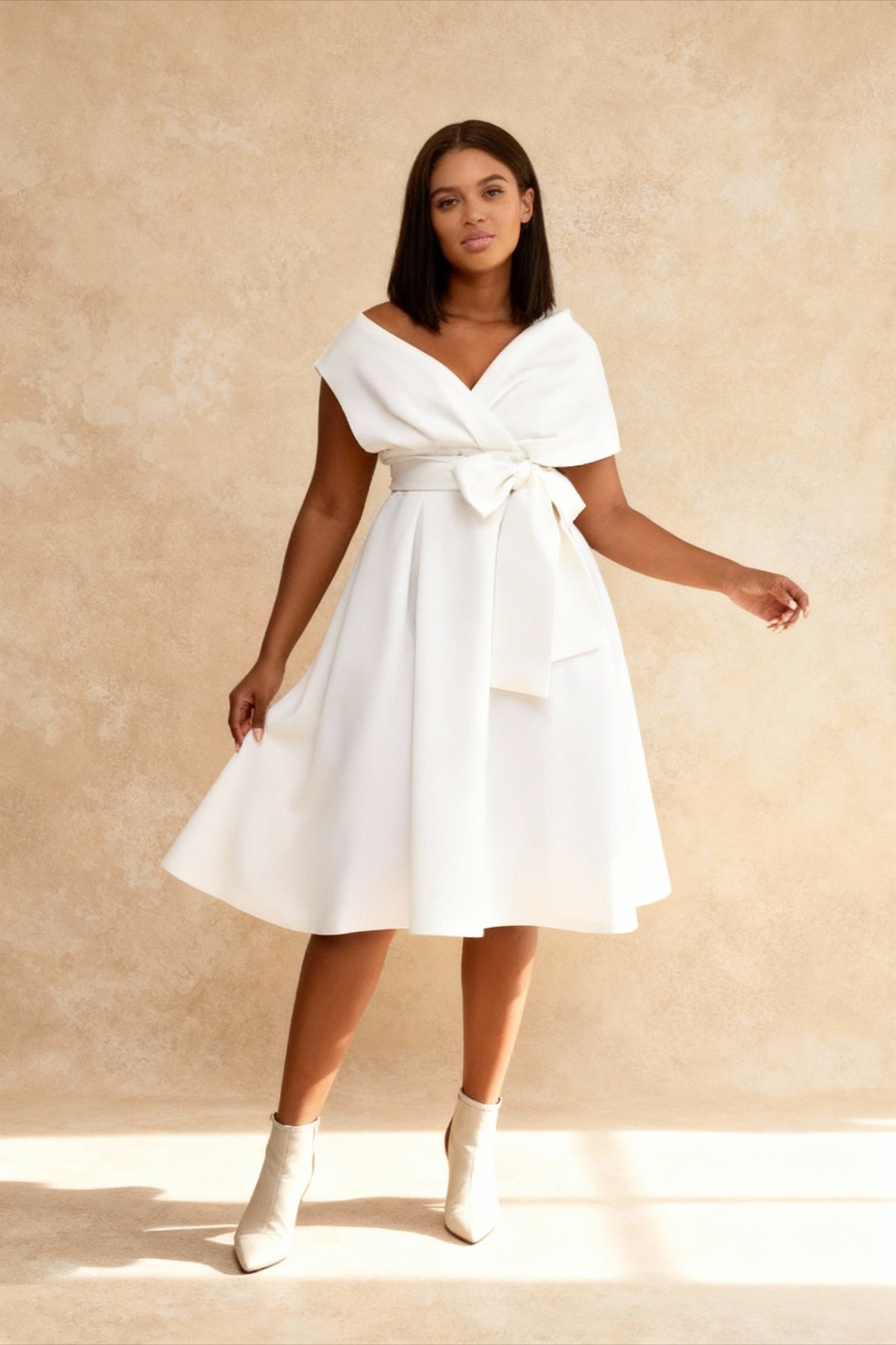 Off Shoulder Wrap Bow Belt Pleated A-Line Midi Dress