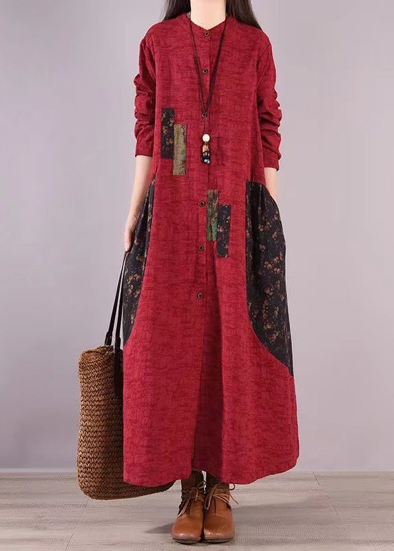 Linen Stand Collar Button Front Patchwork Panel Pocket Maxi Dress