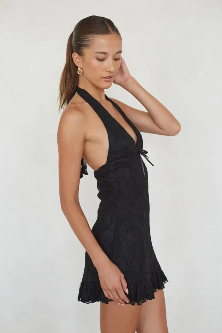 Fleur Lace Halter Ruffled Mini Dress