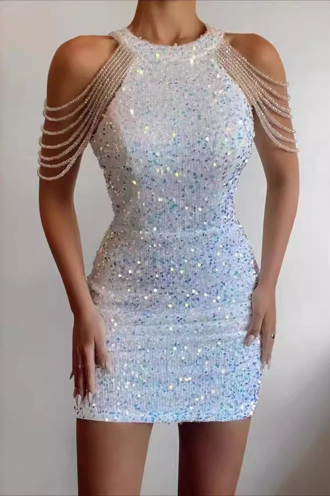 Crystal Fringe Halter Backless Bodycon Mini Cocktail Dress