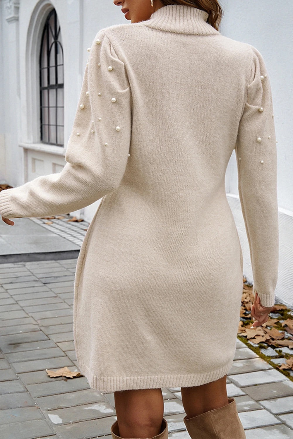 Pearl Beaded Mock Neck Puff Shoulder Knit Bodycon Mini Dress