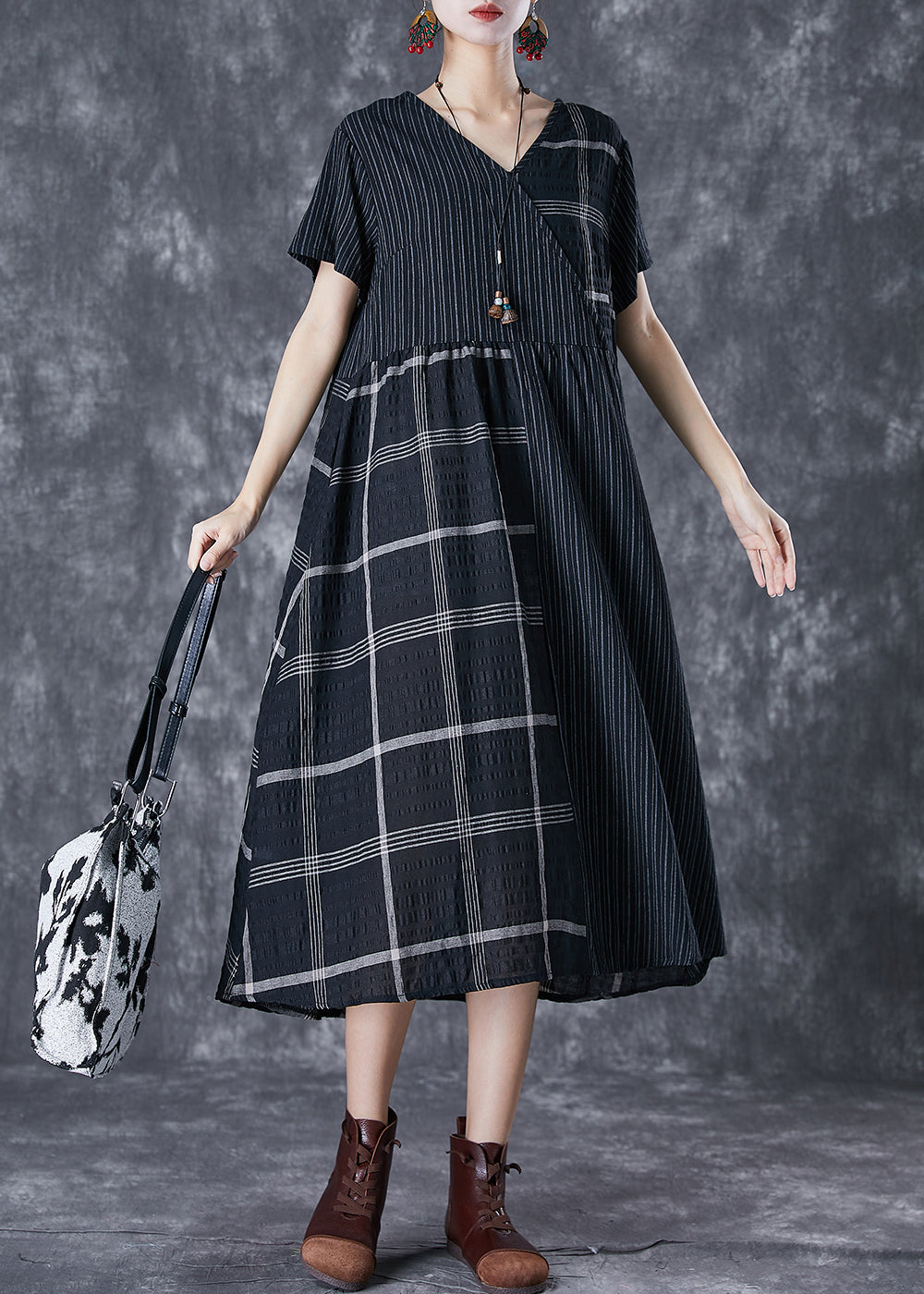 Pinstripe Windowpane Check Patchwork V-Neck Short Sleeve Gathered Waist Relaxed Midi Dress