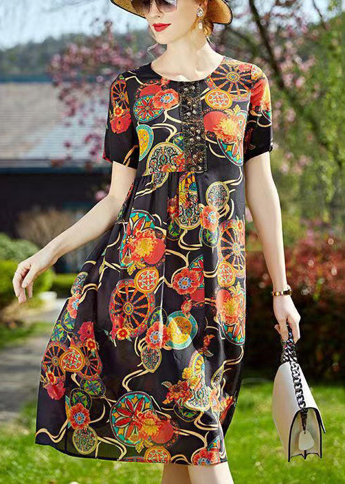 Lace Panel Round Neck Short Sleeve Empire Waist Ornate Print Midi Dress