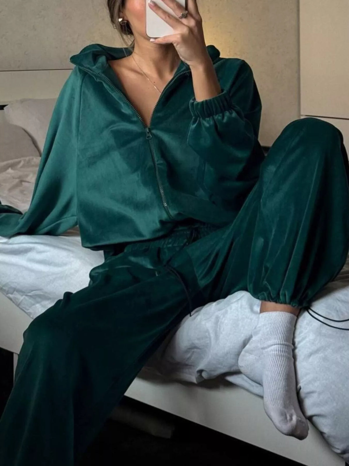 Oversized Zip Front Hoodie and Elastic Cuff Joggers Two Piece Set 11