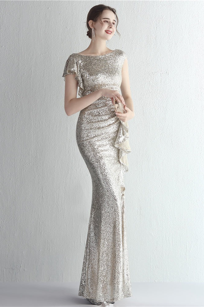 Sequin High Neck Cap Sleeve Ruffle High Split Mermaid Gown
