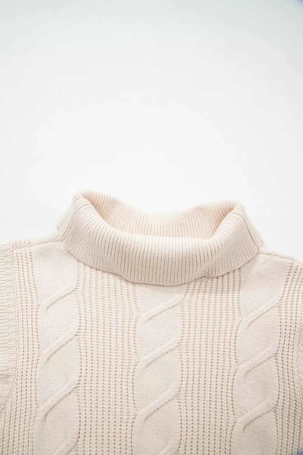 Cable Knit Turtleneck Ruffled Short Sleeve Sweater