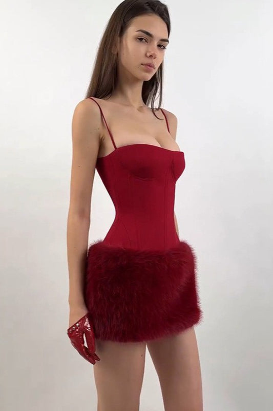Corset Spaghetti Strap Feather Trim Mini Party Dress