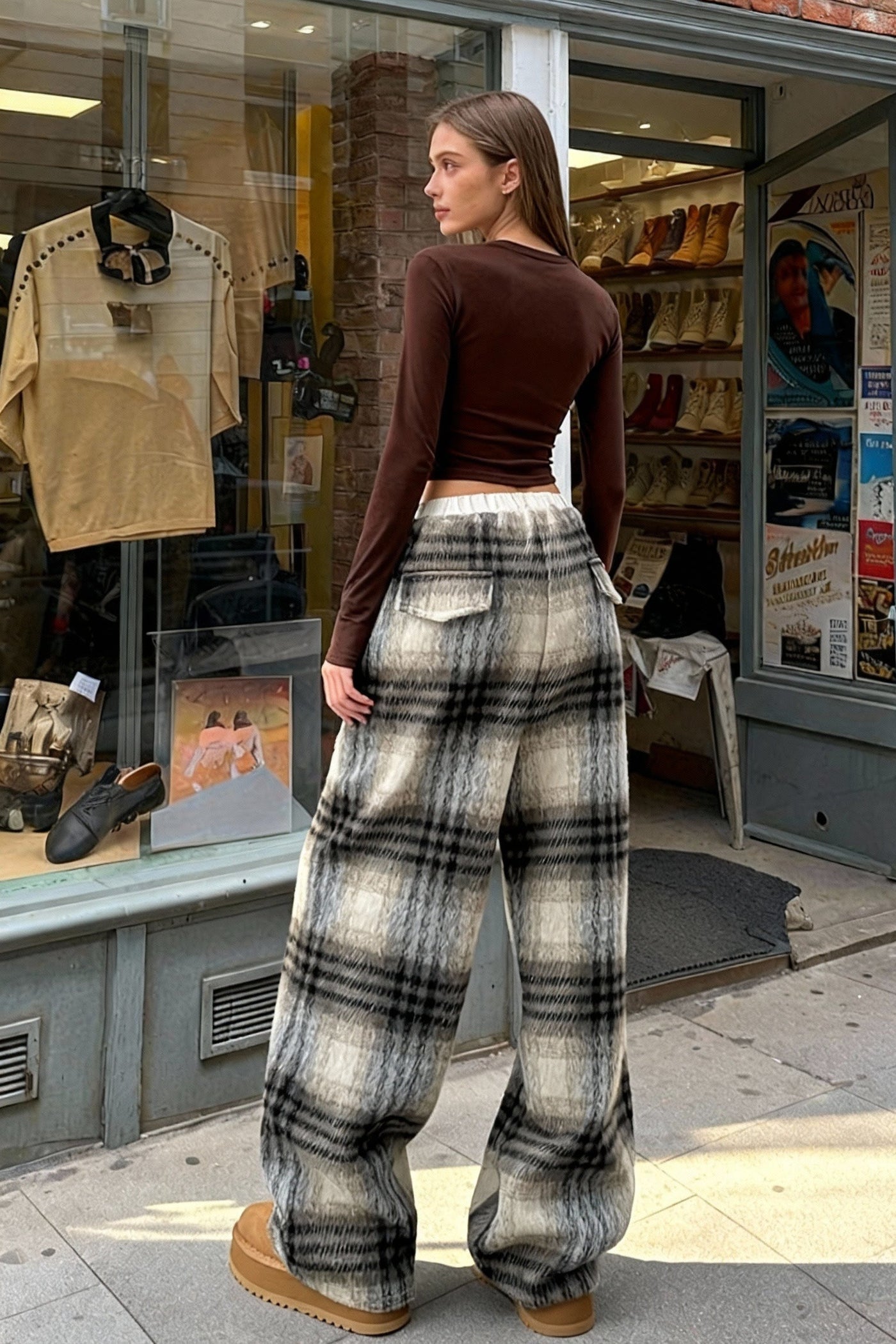 Loose Fit Woolen Plaid Wide Leg Pants