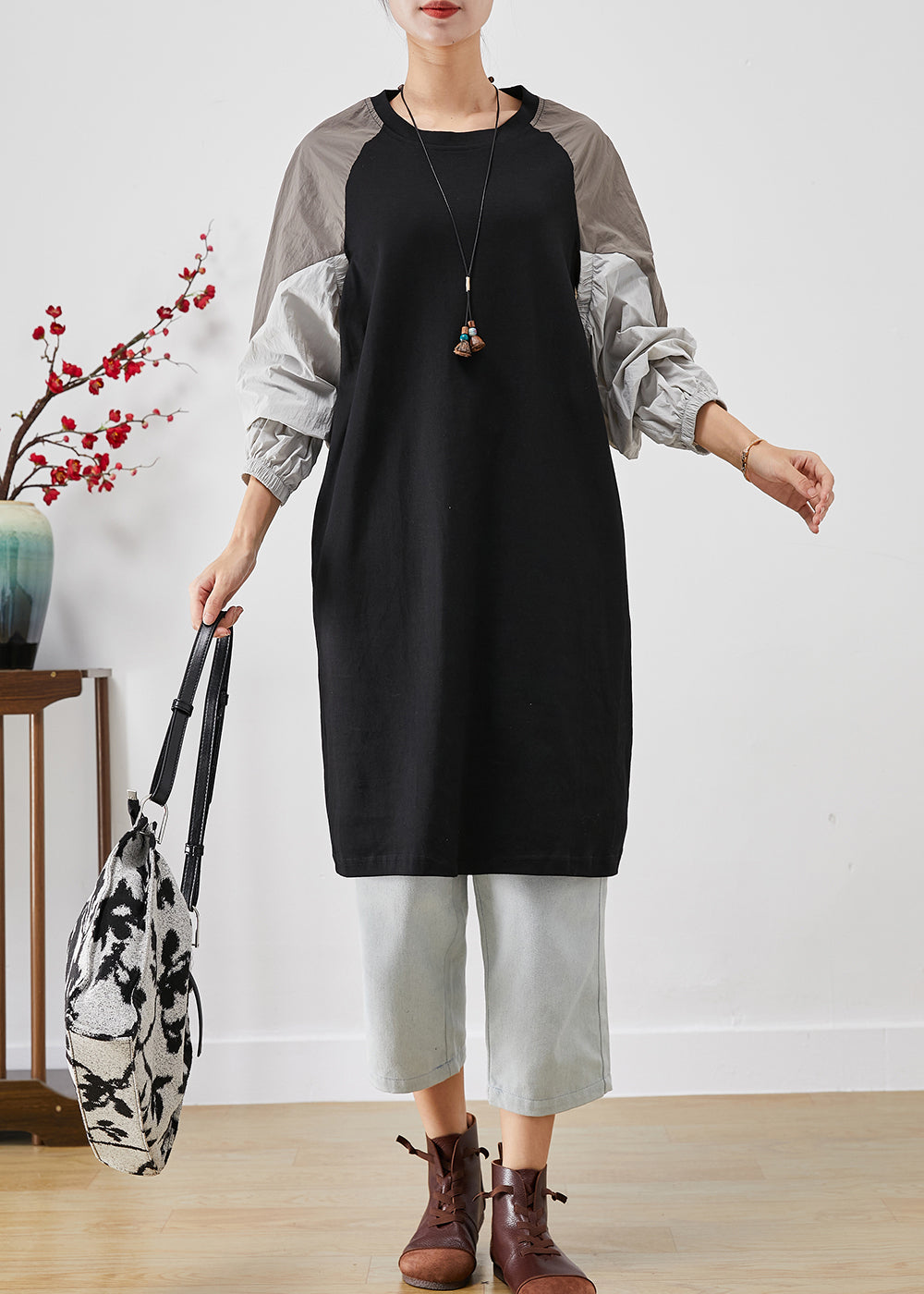 Patchwork Tiered Balloon Sleeve Raglan Oversized Longline Tunic Top