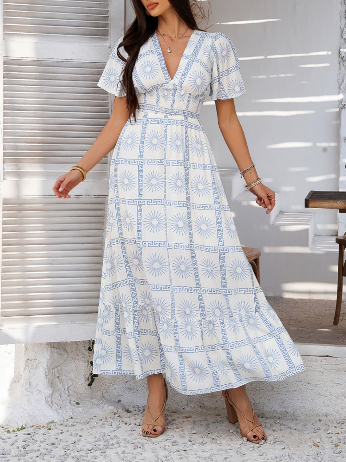 Geometric Tile Print V-Neck Short Sleeve Smocked Waist Ruffle Hem Maxi Dress