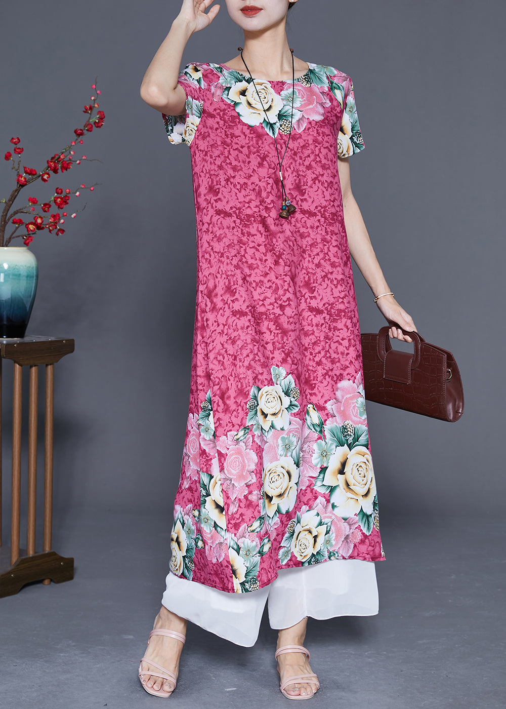 Rose Floral Print Round Neck Short Sleeve Midi Tunic Wide Leg Pants Two Piece Set
