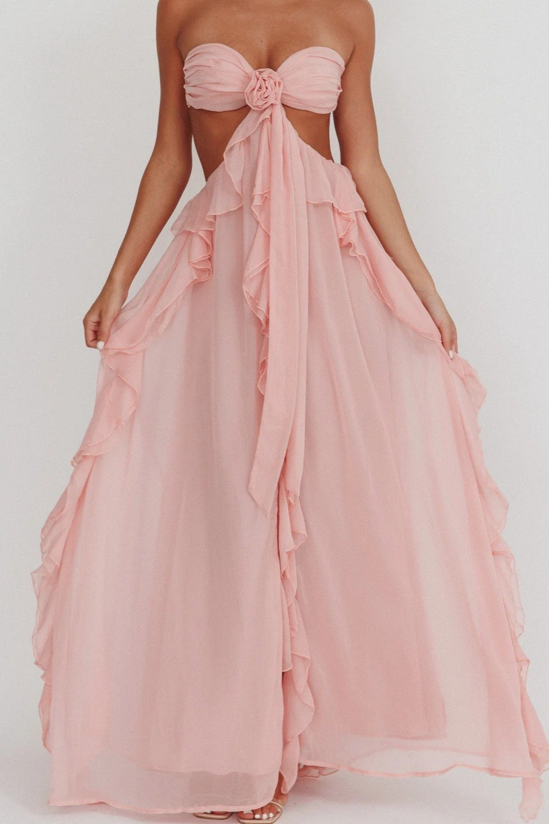 Strapless Chiffon Ruffle Rosette Cut Out High Split Maxi Dress