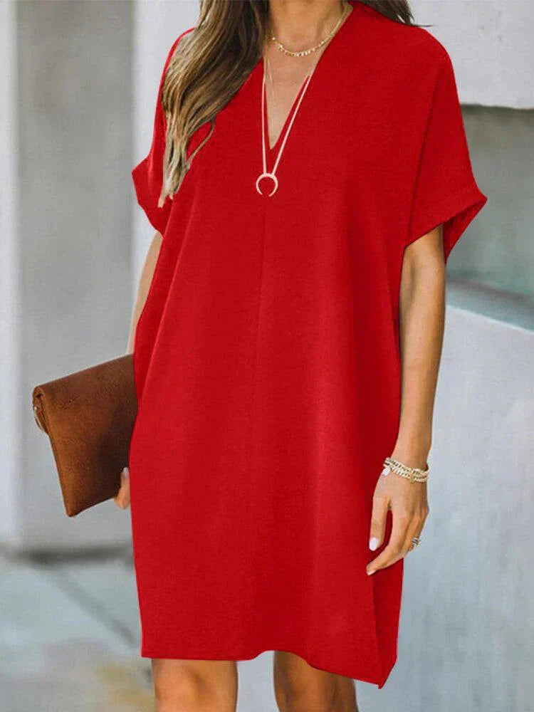 Deep V-Neck Dolman Short Sleeve Loose Shift Mini Dress