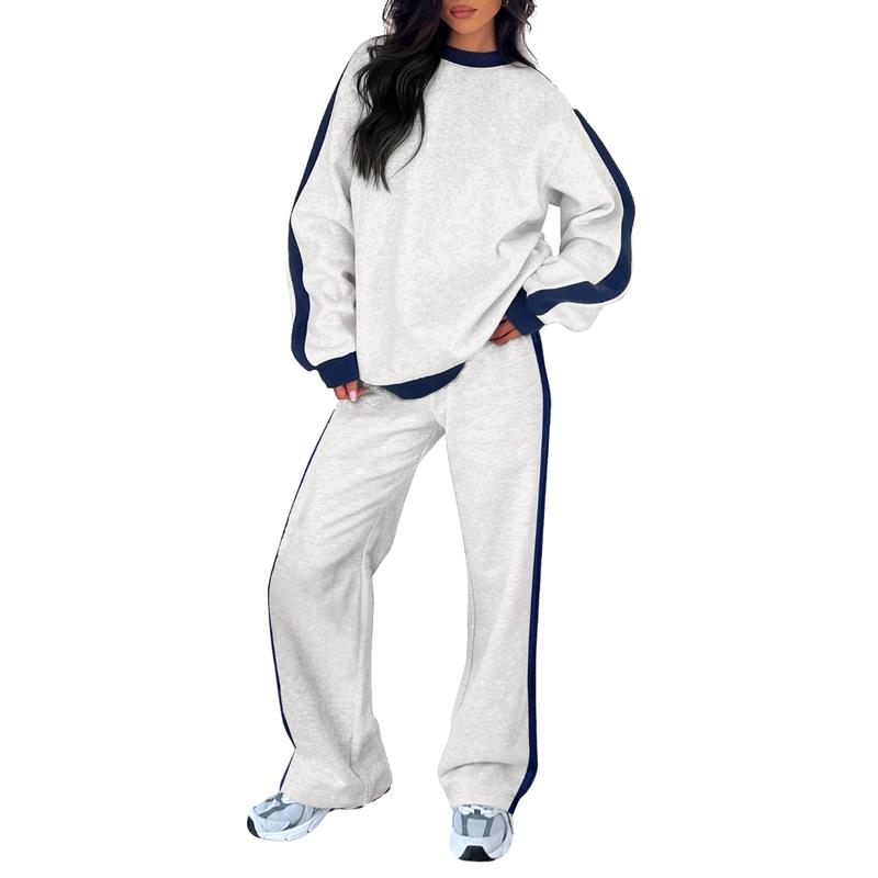 Contrast Stripe Sweatshirt and Wide Leg Pants Two Piece Set