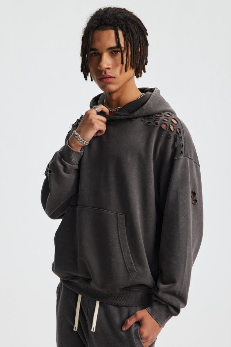 Ripped Washed Snow Print Hoodie