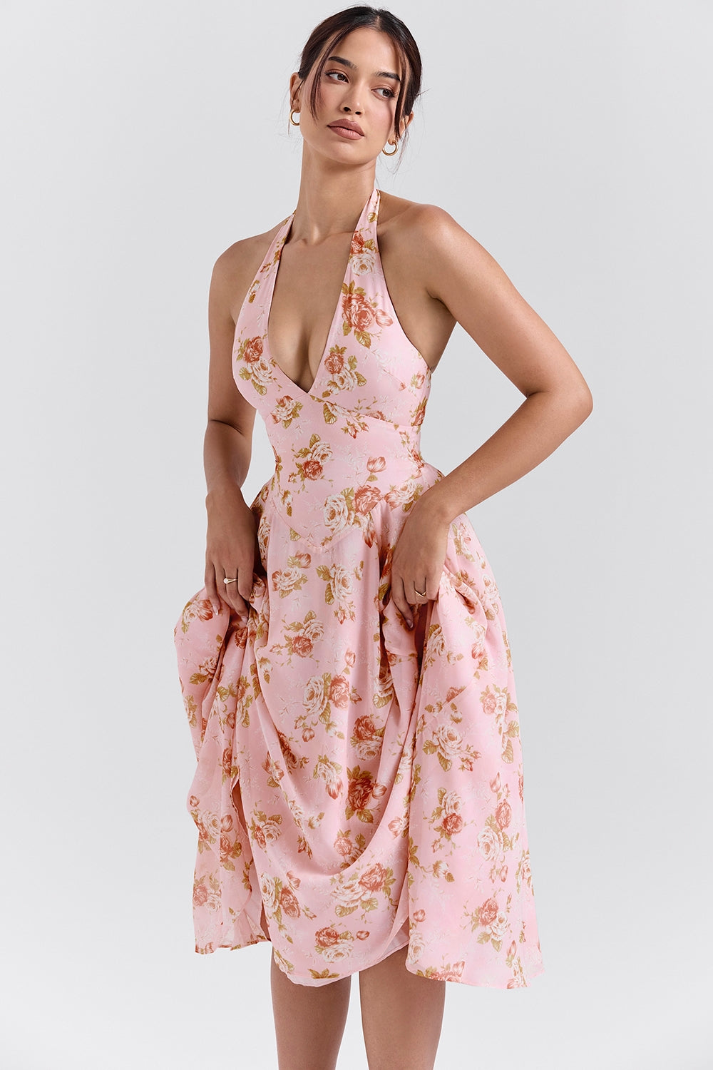 Rose Print Georgette Halter Plunge Full Skirt Midi Dress